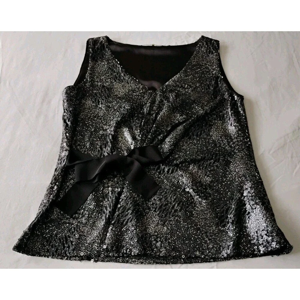 Elie Tahari Textured Sequin Blouse Bow V Neck Sleeveless Blend Party Cocktail S - Picture 1 of 12